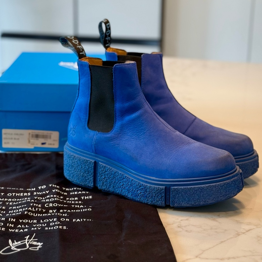 John Fluevog Piccolomini Blue Platform Chelsea Boots
